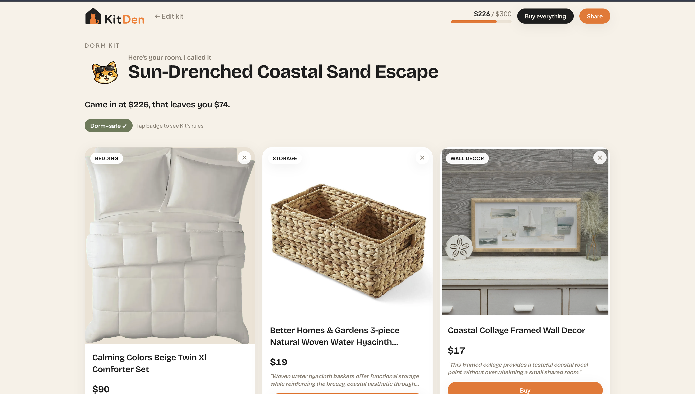 KitDen results page showing a named coastal kit with product cards, a budget summary, and per-item rationale