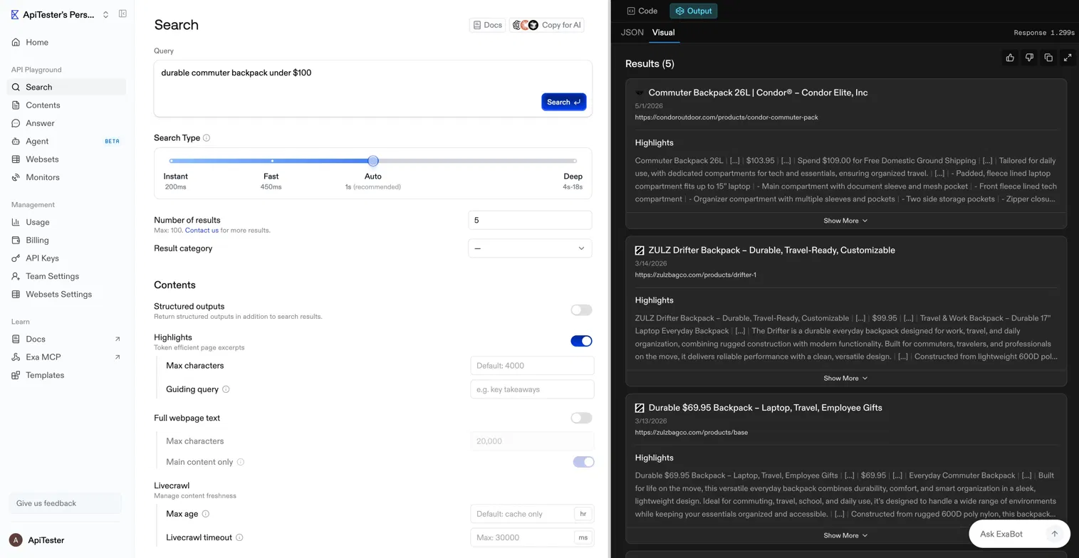 Web search API response showing unstructured text with price buried in raw HTML content