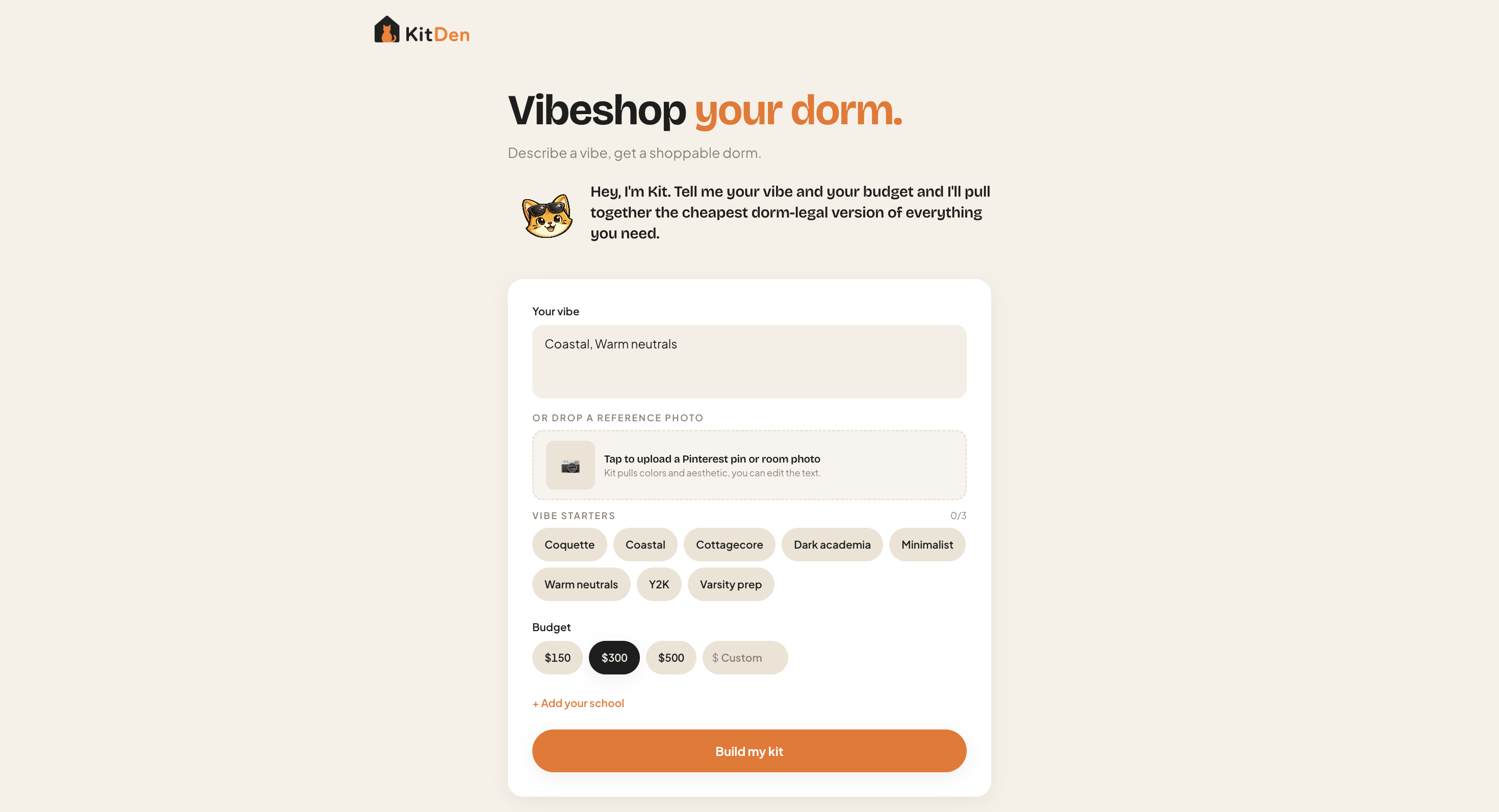 KitDen home page titled Vibeshop your dorm, with a vibe text box, vibe starter chips, and budget options
