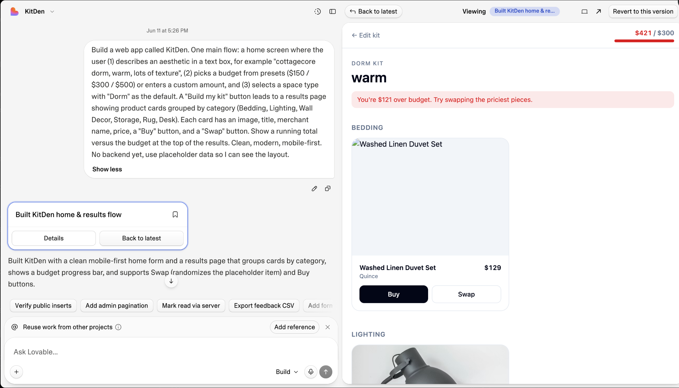 Lovable showing the KitDen scaffold prompt and the generated results page with a budget bar