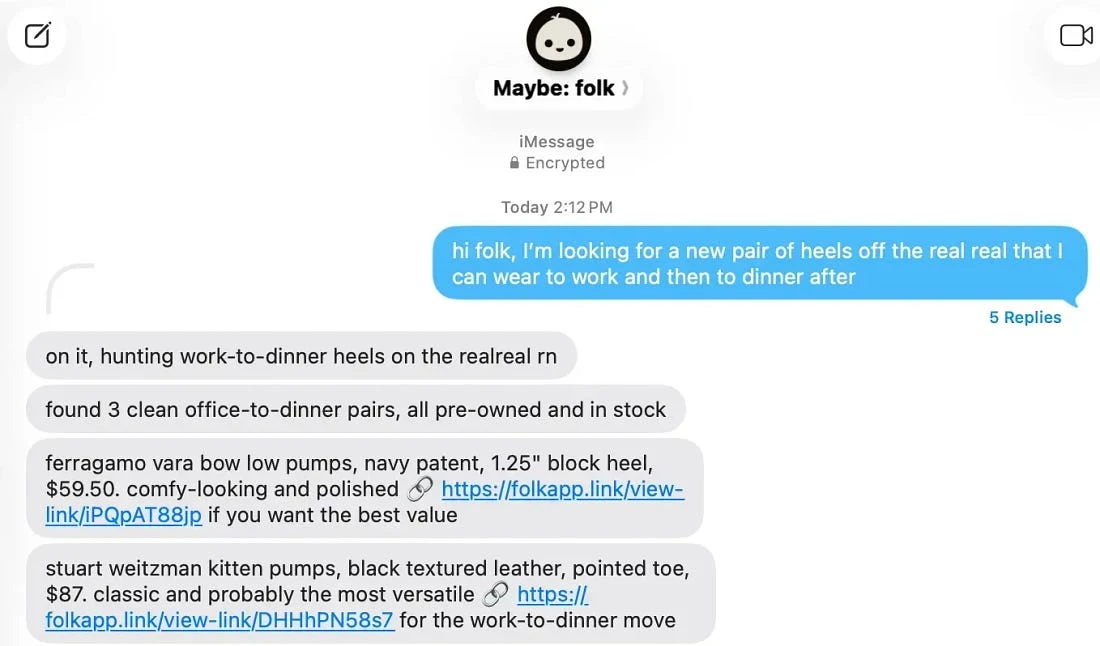 An iMessage conversation with folk. The user asks for work-to-dinner heels from The RealReal; folk replies with three pre-owned, in-stock pairs with prices and buy links, including Ferragamo Vara bow pumps for $59.50 and Stuart Weitzman kitten pumps for $87.